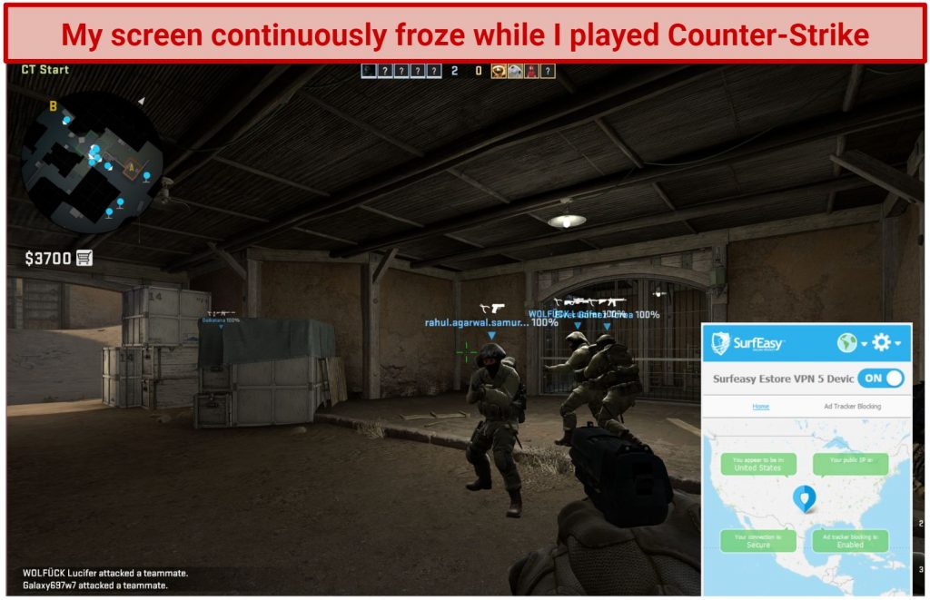 Screenshot of Steam running Counter-Strike: Global Offensive while connected to SurfEasy's optimized server