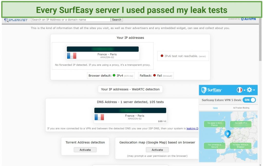 Screenshot of a test performed on ipleak.net while connected to SurfEasy's France server