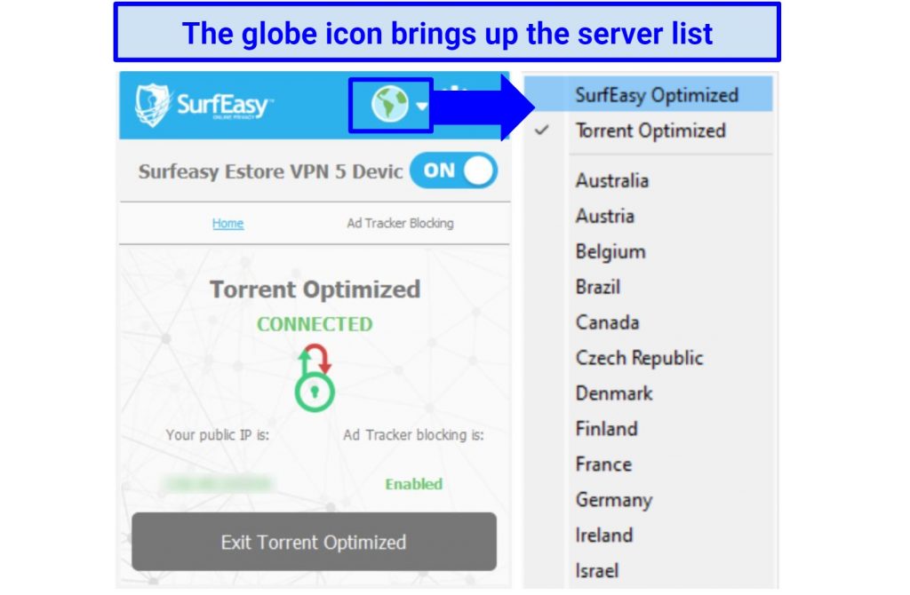 Screenshot of SurfEasy's Windows app highlighting the server network list