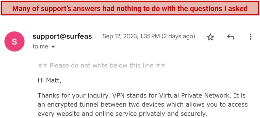 Screenshot of an email from SurfEasy support that did not answer my question