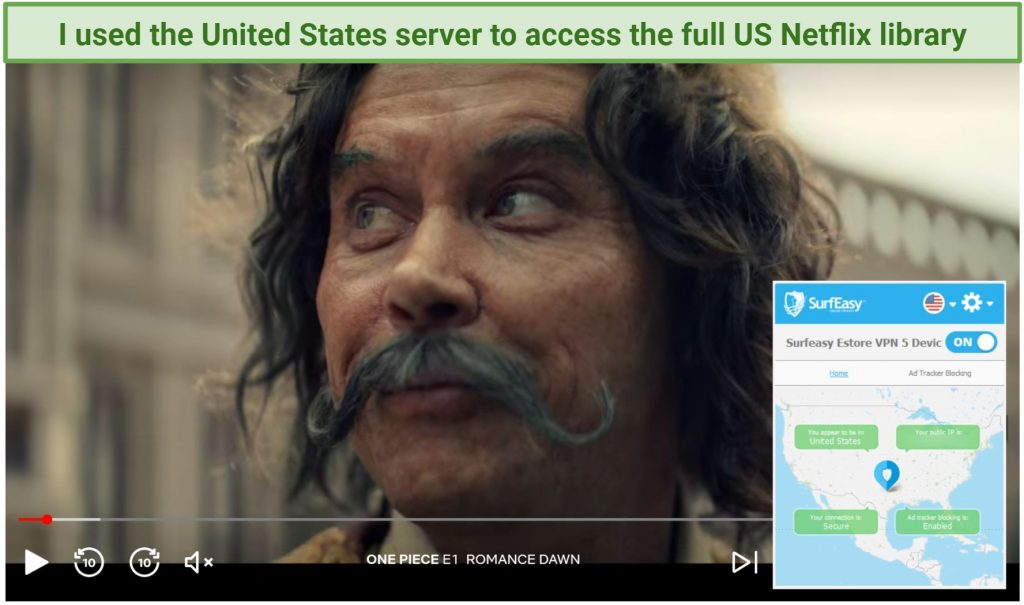 Screenshot of Netflix player streaming One Piece while connected to SurfEasy's US server