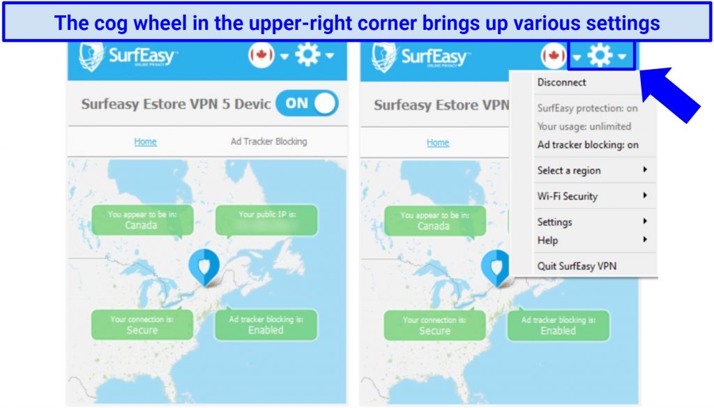 Screenshot of SurfEasy VPN's Windows app highlighting how to access the settings menu