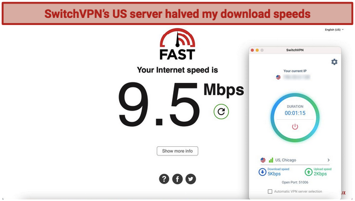 A screenshot showing speed test results for SwitchVPN using a US server.