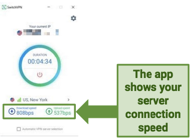 Screenshot demonstrating how SwitchVPN's app shows your connection speed.