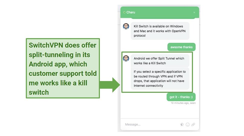 A screenshot of SwitchVPN's live chat support talking about the VPN's Android app and split-tunneling.