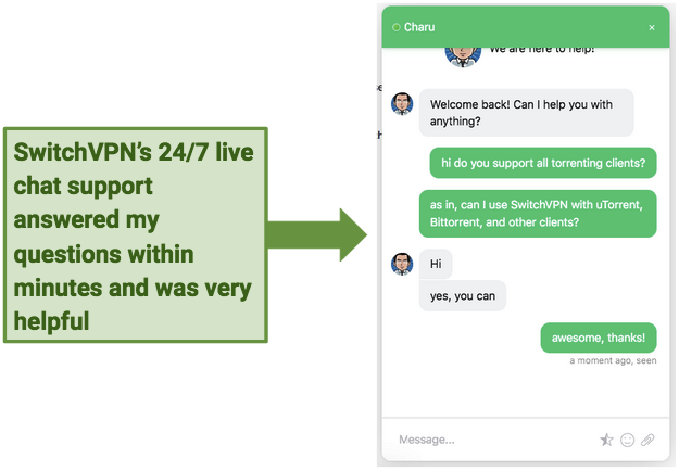 A screenshot of SwitchVPN's excellent 24/7 live chat support