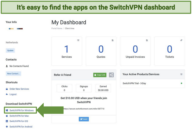 Screenshot showing SwitchVPN dashboard page with app download links