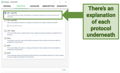 Screenshot showing SwitchVPN's app with protocol options