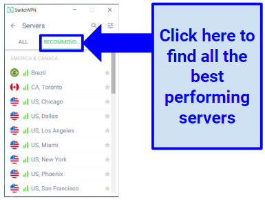 Screenshot showing SwitchVPN's Windows app with its recommended server list.