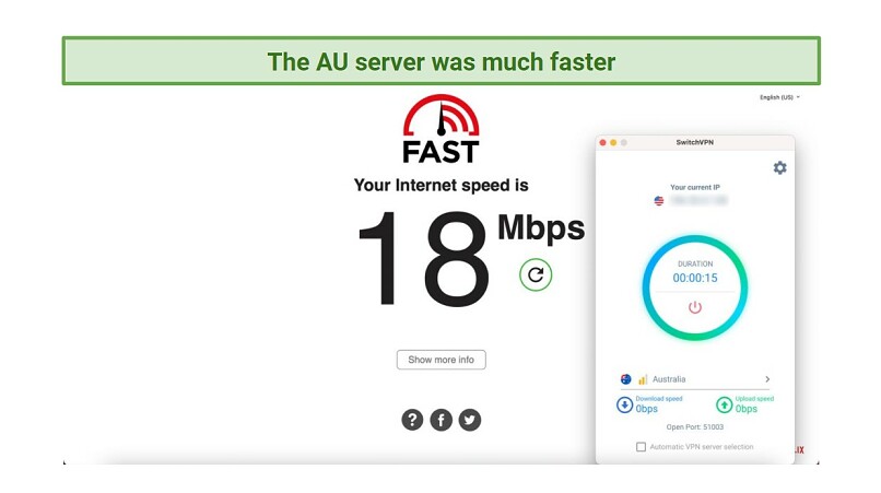 A screenshot showing speed test results for SwitchVPN using an Australian server.