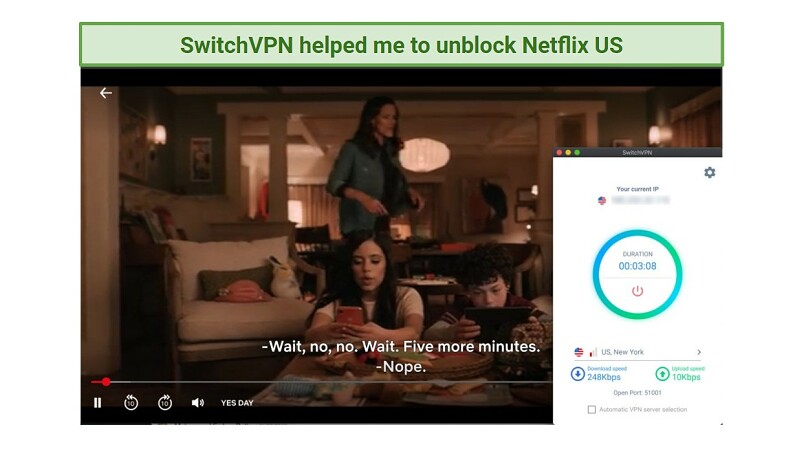 A screenshot of the SwitchVPN app with Netflix US in the background, playing the film Yes Day.