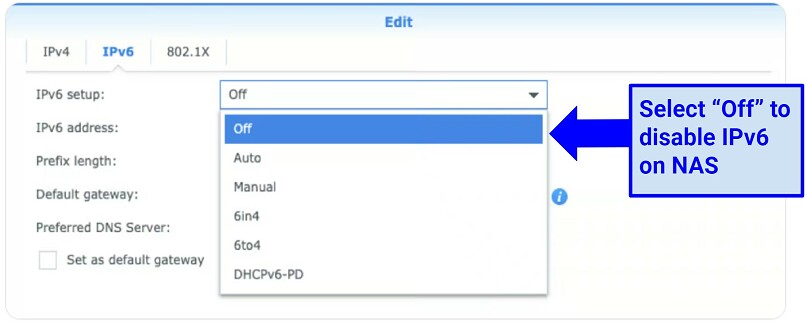 Screenshot showing how to disable IPv6 on Synology NAS