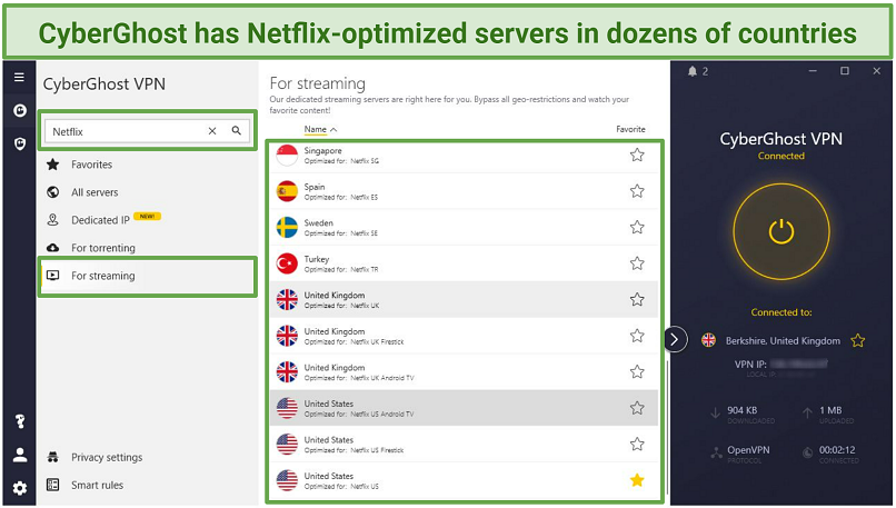 Screenshot showing some of CyberGhost's servers that are optimized for Netflix