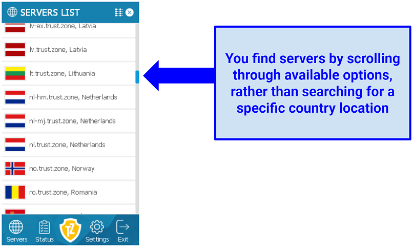 Graphic showing Trust.Zone VPN's server list on its VPN interface