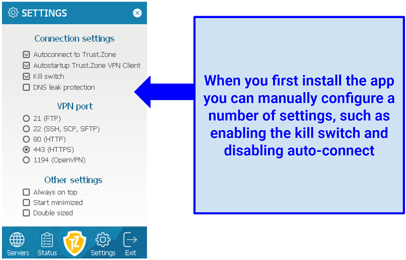 Graphic showing Trust.Zone VPNs settings