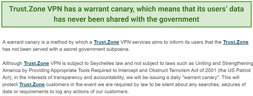 Graphic showing Trust.Zone VPN's warrant canary