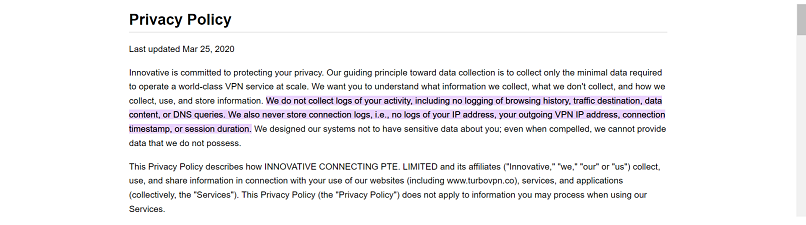 A screenshot of TurboVPN's privacy policy