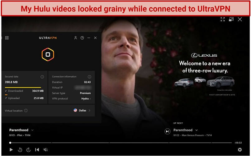 Screenshot of Hulu player streaming Parenthood while connected to UltraVPN's Dallas server