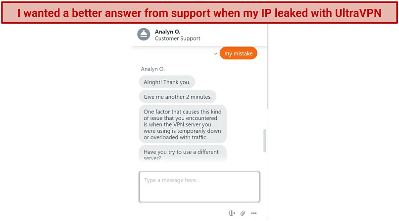 Screenshot of a live chat with UltraVPN where support told me my IP leaked because of overcrowded servers