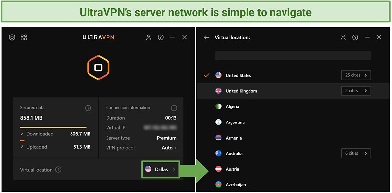 Screenshot of UltraVPN's Windows UI highlighting how to navigate the server network