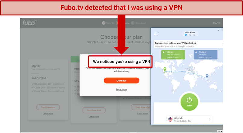 Graphic showing VPN Unlimited failing to unblock fubo tv