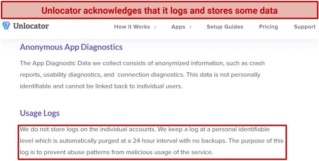 A snapshot showing Unlocator's privacy policy stating that I keeps logs