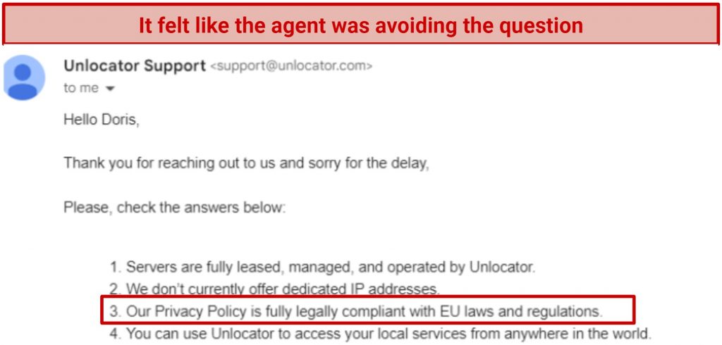 A screenshot showing an email response from Unlocator's agent