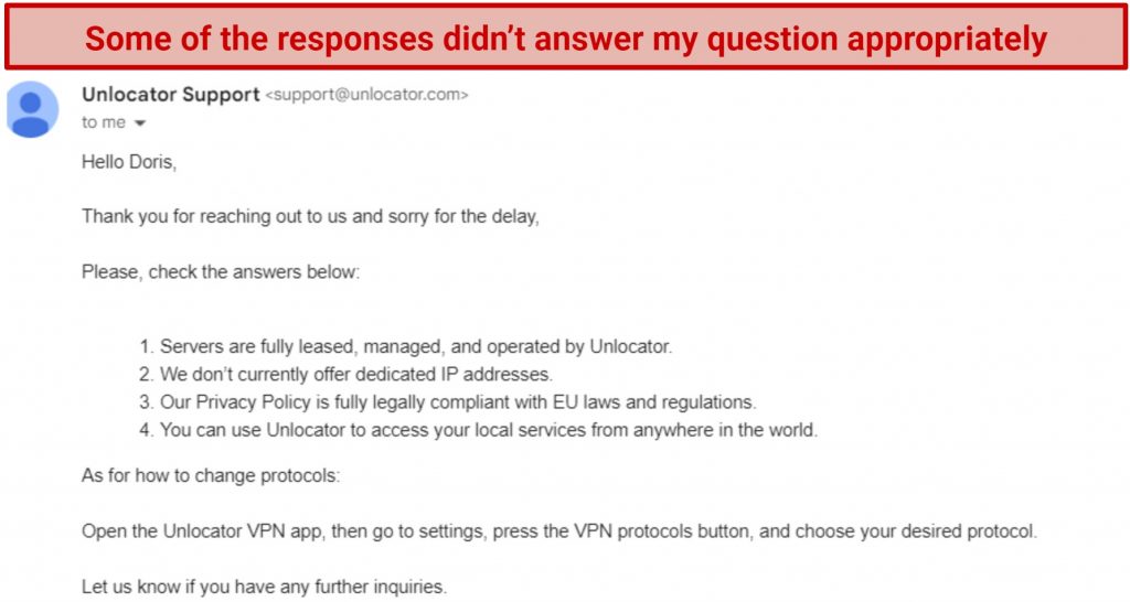 Screenshot of an email response from Unlocator customer support