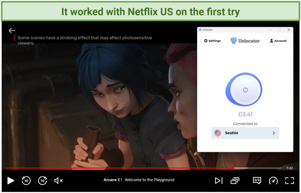 A snapshot showing Unlocator unblocking Netflix US with its Seattle server