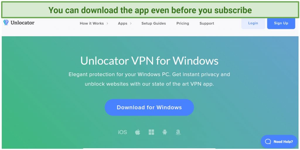 Screenshot of Unlocator VPN's download page for Windows