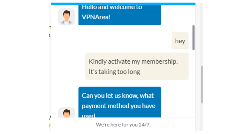 A screenshot of VPNArea's customer service response