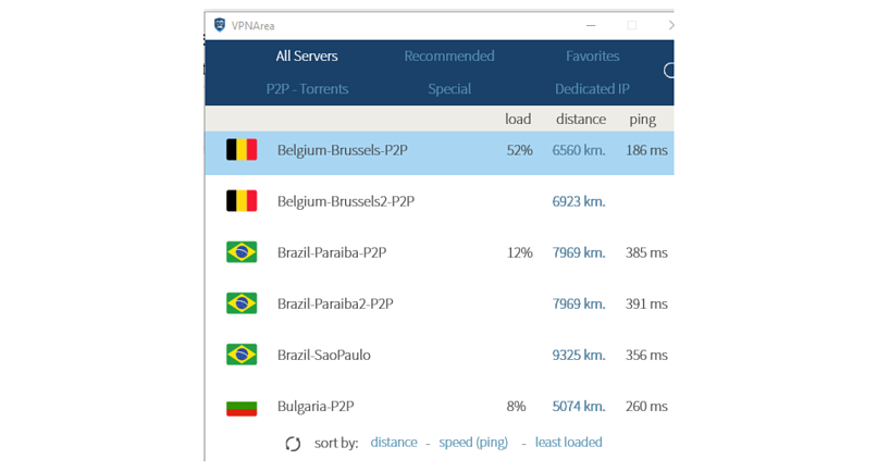 A screenshot of the VPNArea app showing its servers' performance.