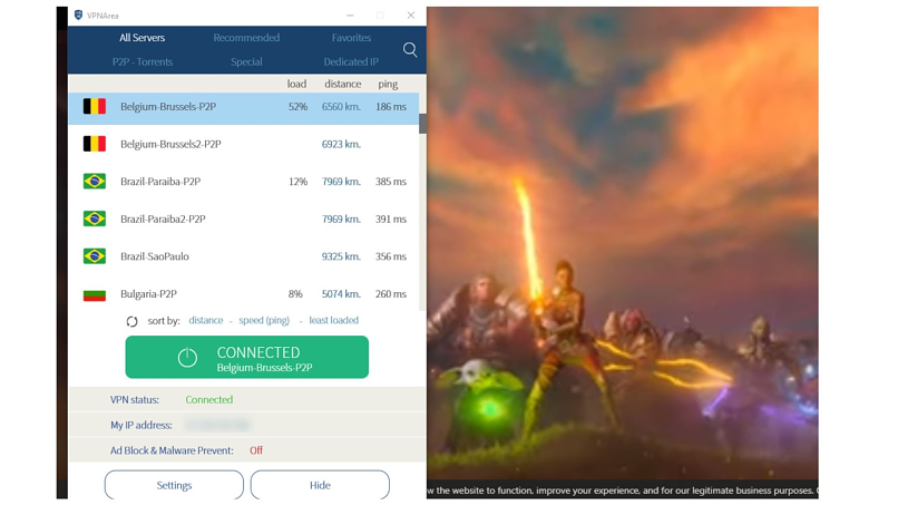 A screenshot of gaming with VPNArea