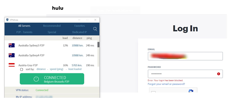 A screenshot of VPN Area failing to unblock Hulu