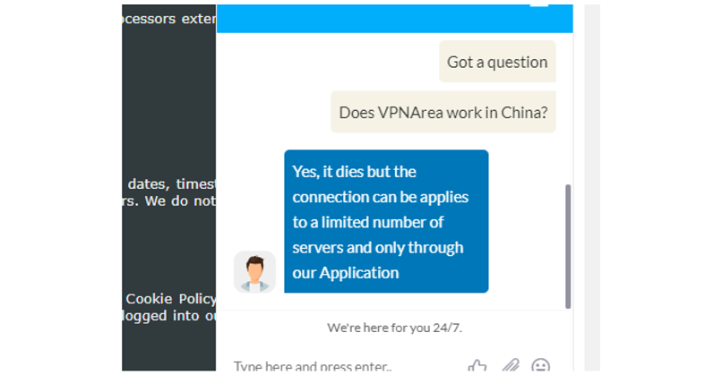 A screenshot of VPNArea's customer support confirming it works in China