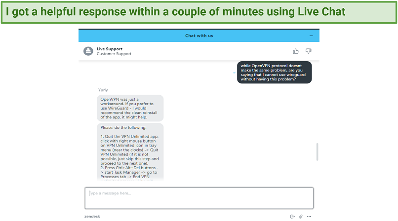 Graphic showing VPN Unlimited's Live Chat response