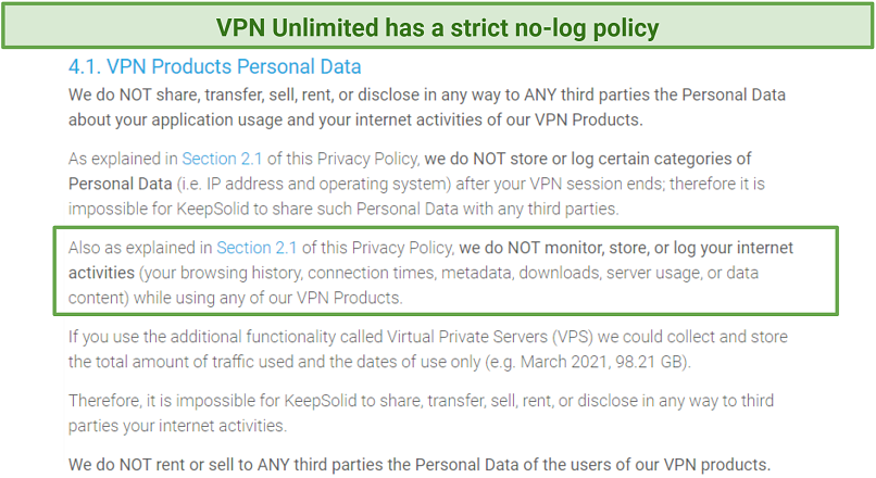Graphic showing VPN Unlimited's privacy policy