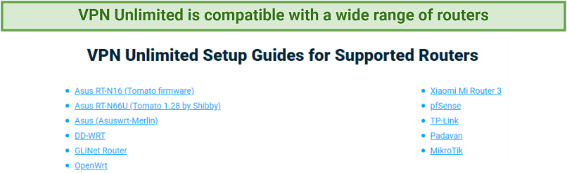 Graphic showing VPN Unlimited's supported router list