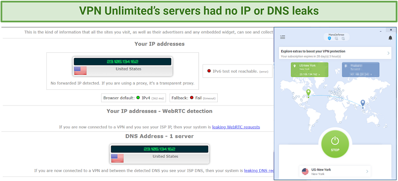 Graphic showing VPN Unlimited's US server passing a leak test