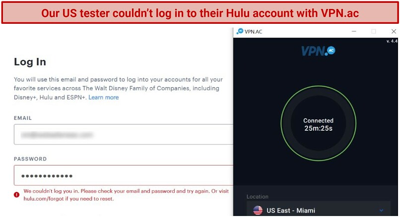 Screenshot showing the Hulu login page preventing our tester's access while connected to VPN.ac