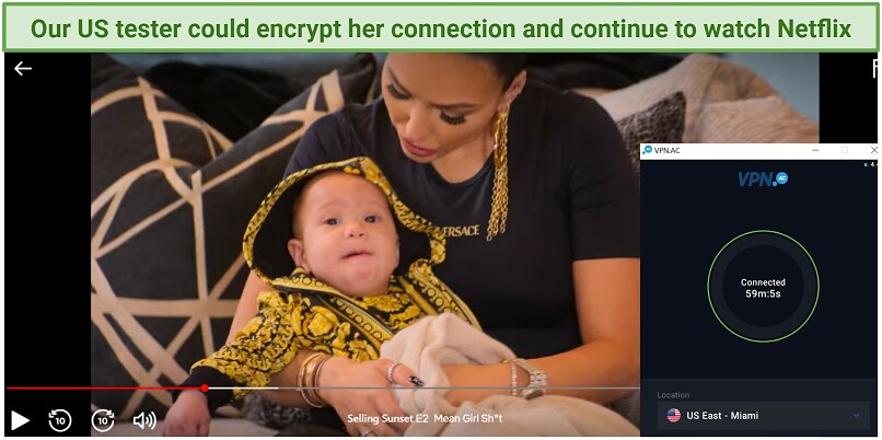 Screenshot of Netflix player streaming Selling Sunset while connected to VPN.ac's US East - Miami server