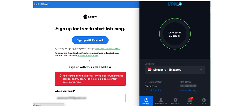A screenshot of Spotify blocking my VPN.ac access