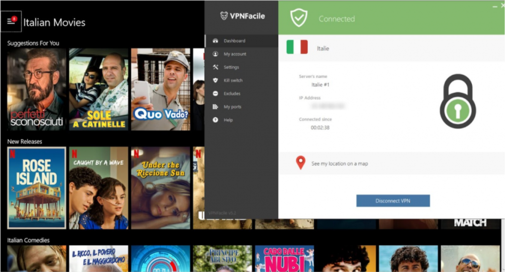 A screenshot of VPNFacile unblocking Netflix's Italian library. 