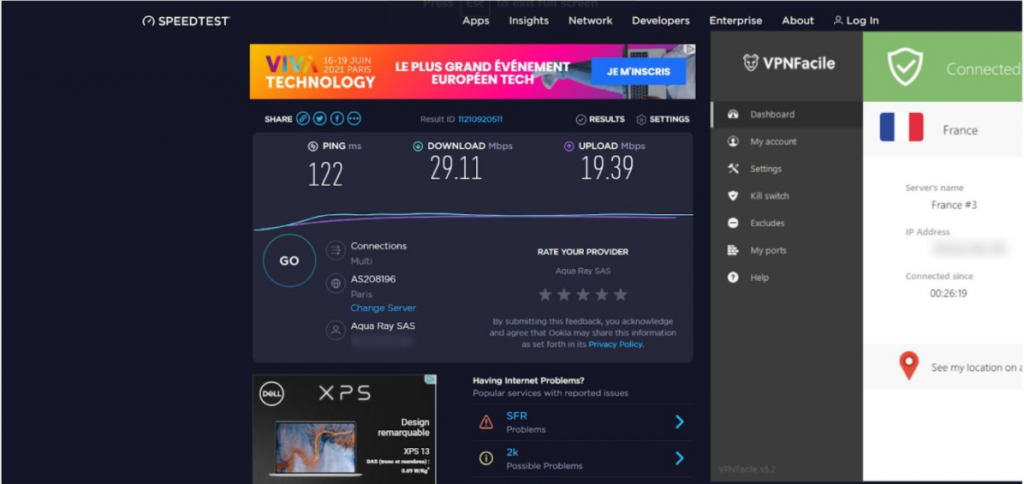 A screenshot of VPNFacile's speedtest.net results. 