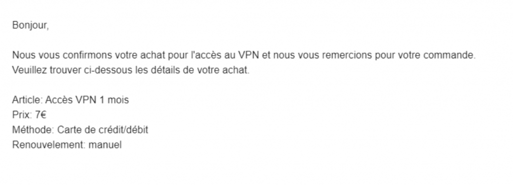 A screenshot of a reply from VPNFacile support. 