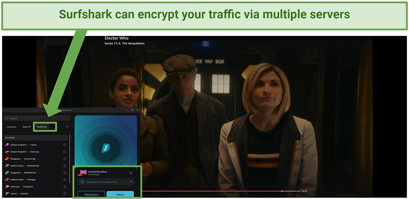 Image of a Doctor Who streamed on BBC iPlayer via Surfshark with MultiHop connection