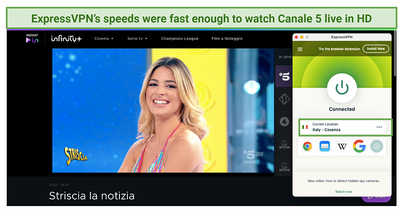 Screenshot of ExpressVPN's app connected to an Italy server while streaming Canale 5