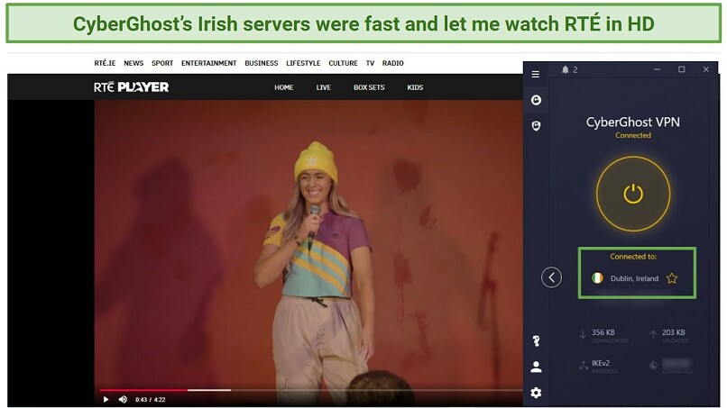 Screenshot showing that CyberGhost unblocks RTE and allows for quality streaming