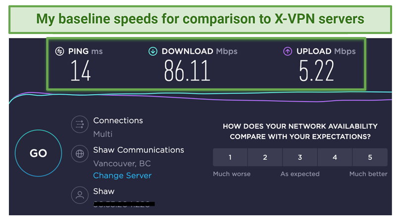 Screenshot showing baseline Ookla speedtest results