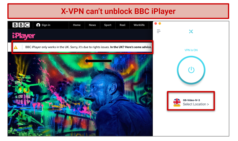 Screenshot showing X-VPN didn't unblock BBC iPlayer